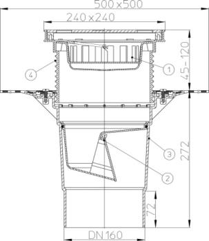 Preview: Perfektablauf DN110 senkrecht mit Bitumenmanschette und Wassergeruchsverschluss, 240x240mm / Edelstahlrost 226x226mm  HL616HSW/1